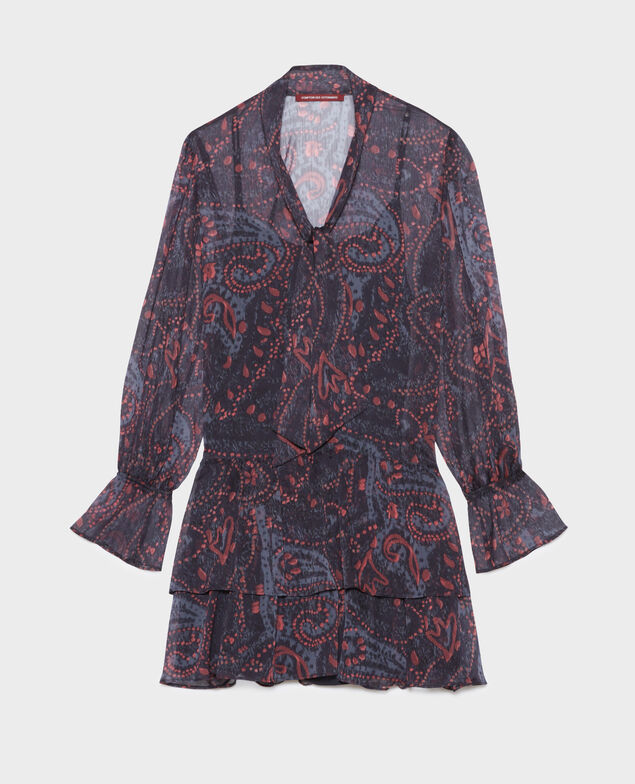 Vestido corto fluido de paño A683 print ikat navy