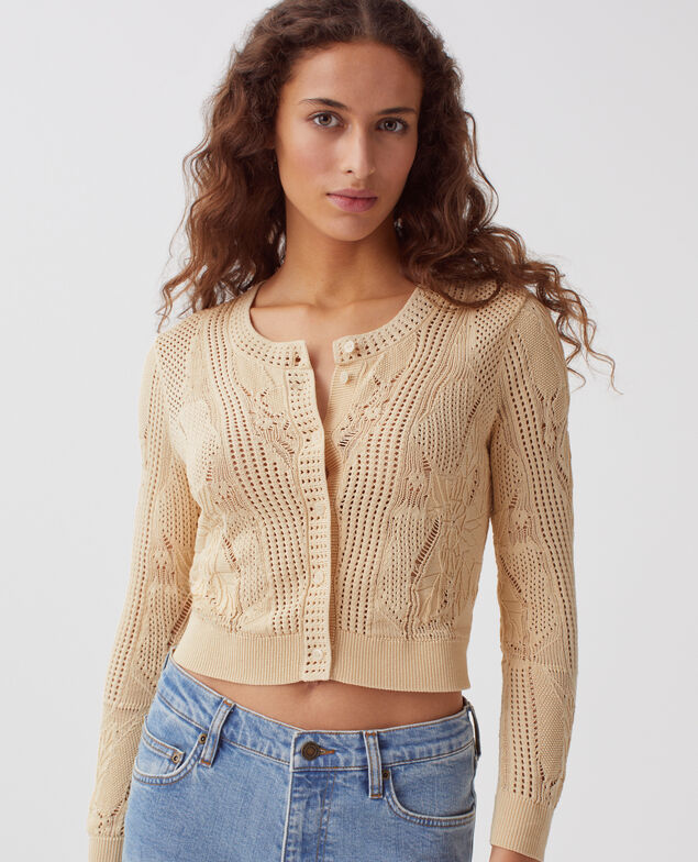 Cárdigan de crochet con motivo floral J300 natural
