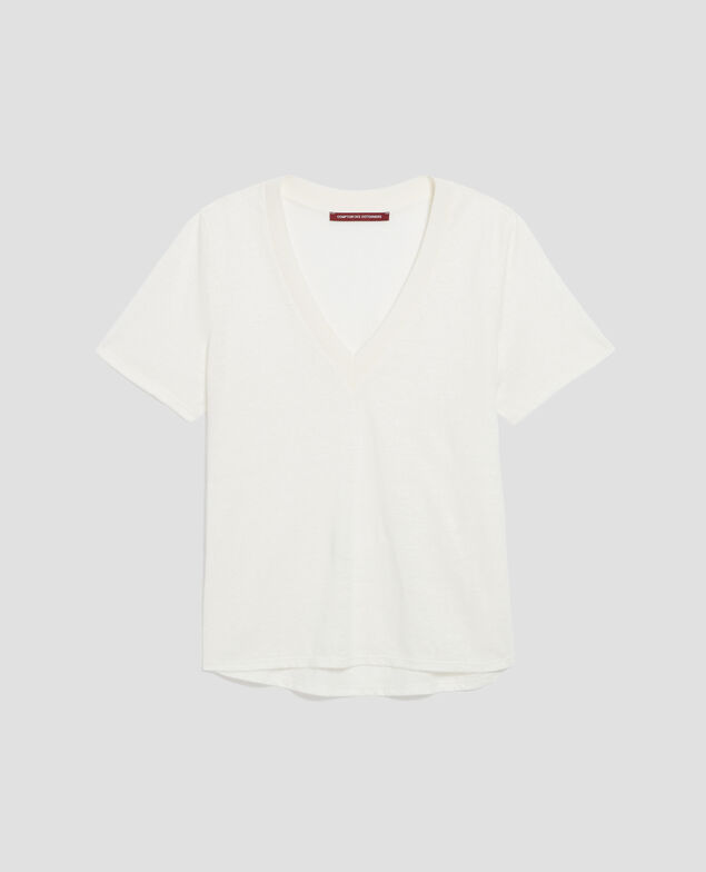 SARAH - Camiseta de lino con cuello de pico H001 brillant white