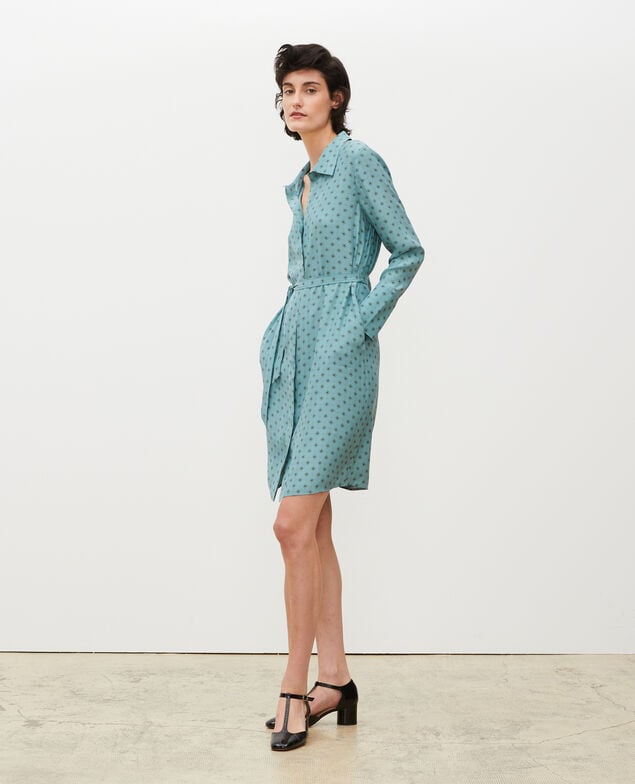 Vestido camisero de seda con cinturón Print mosaique treillis