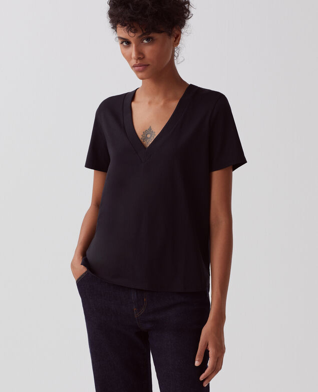 LEA - Camiseta de algodón con cuello de pico H091 black beauty
