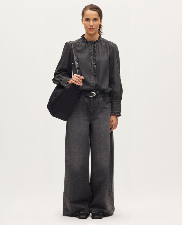 Camisa de algodón con cuello de volantes K081 dark gray