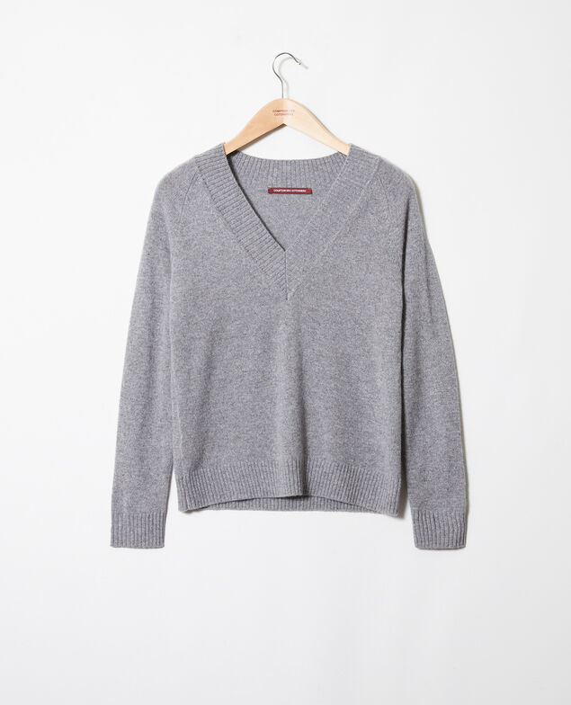 Jersey cuello de pico con ancho canalé de 100% cachemir Light grey