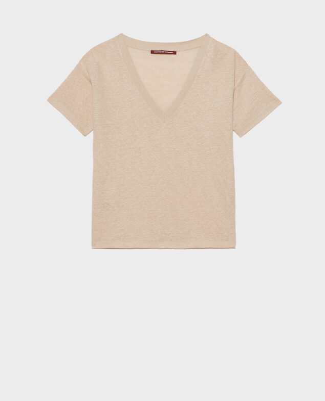 SARAH - Camiseta de lino con cuello de pico Oxford tan