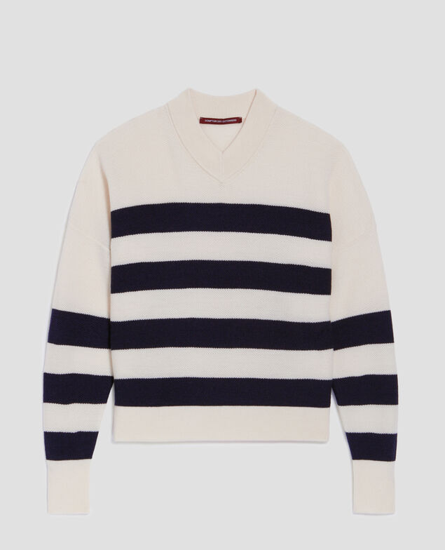 Jersey marinero con cuello de pico de lana merino J682 st ecru navy