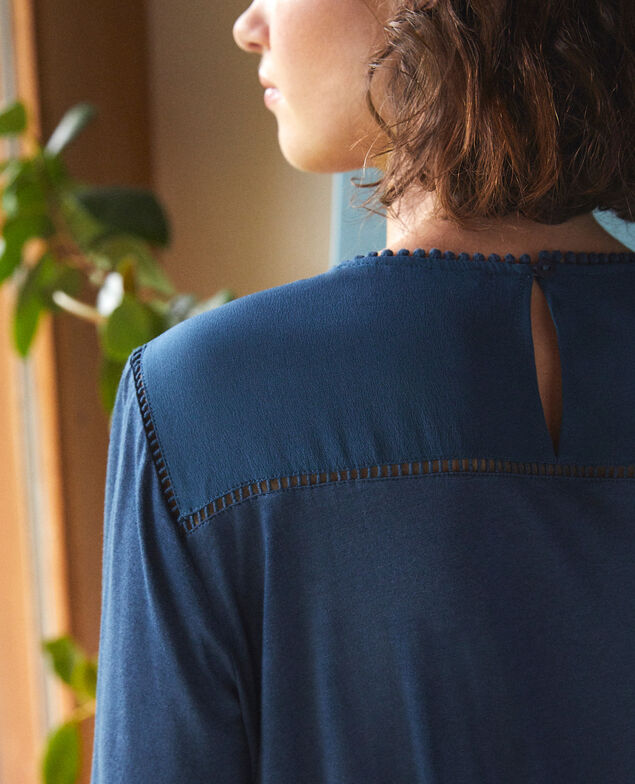 Camiseta de dos tejidos con detalles de borlas Majolica blue