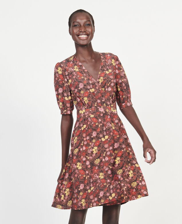  Vestido corto con escote cruzado de seda floral Print eden tortoiseshell