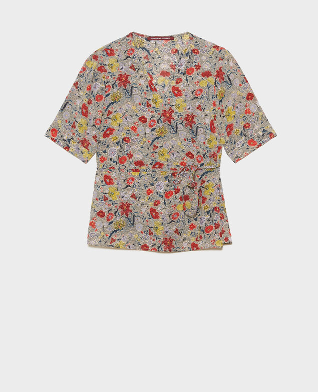  Blusa de seda motivo floral con escote cruzado Print eden cream