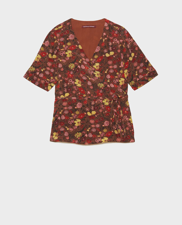  Blusa de seda motivo floral con escote cruzado Print eden tortoiseshell
