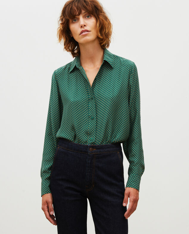  Camisa masculina de seda con manga larga Little pois dark green