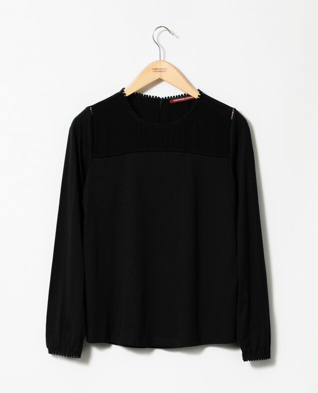 Camiseta de dos tejidos con detalles de borlas Noir