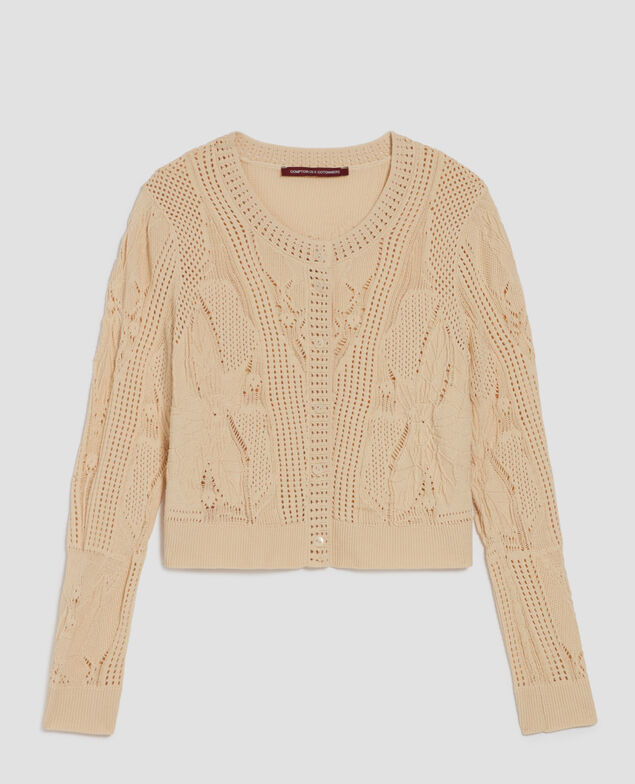 Cárdigan de crochet con motivo floral J300 natural