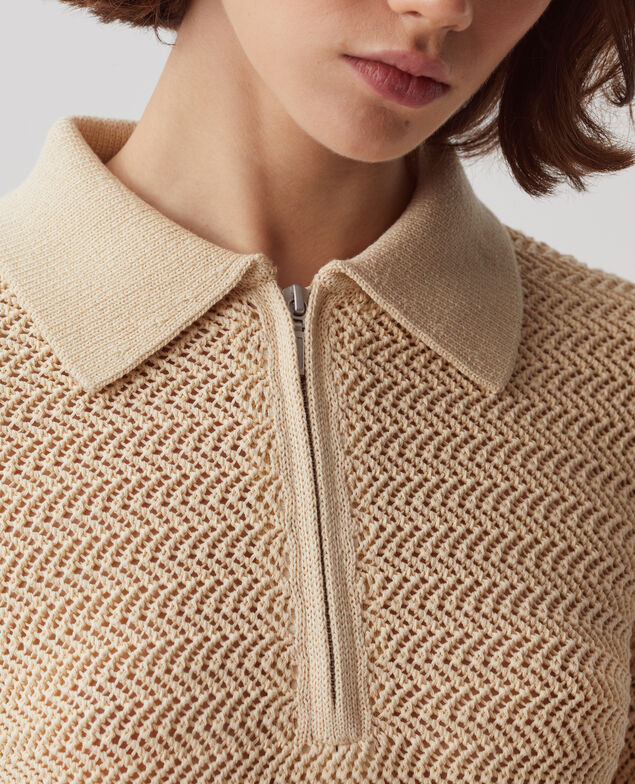 Jersey cuello polo con cremallera de algodón J300 natural